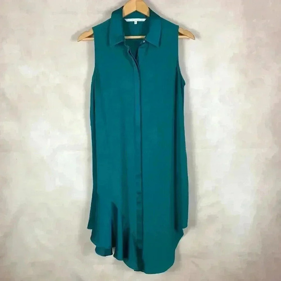 Rachel Roy Emerald Green Flounce-Hem Shirtdress Size MEDIUM - Picture 2 of 13